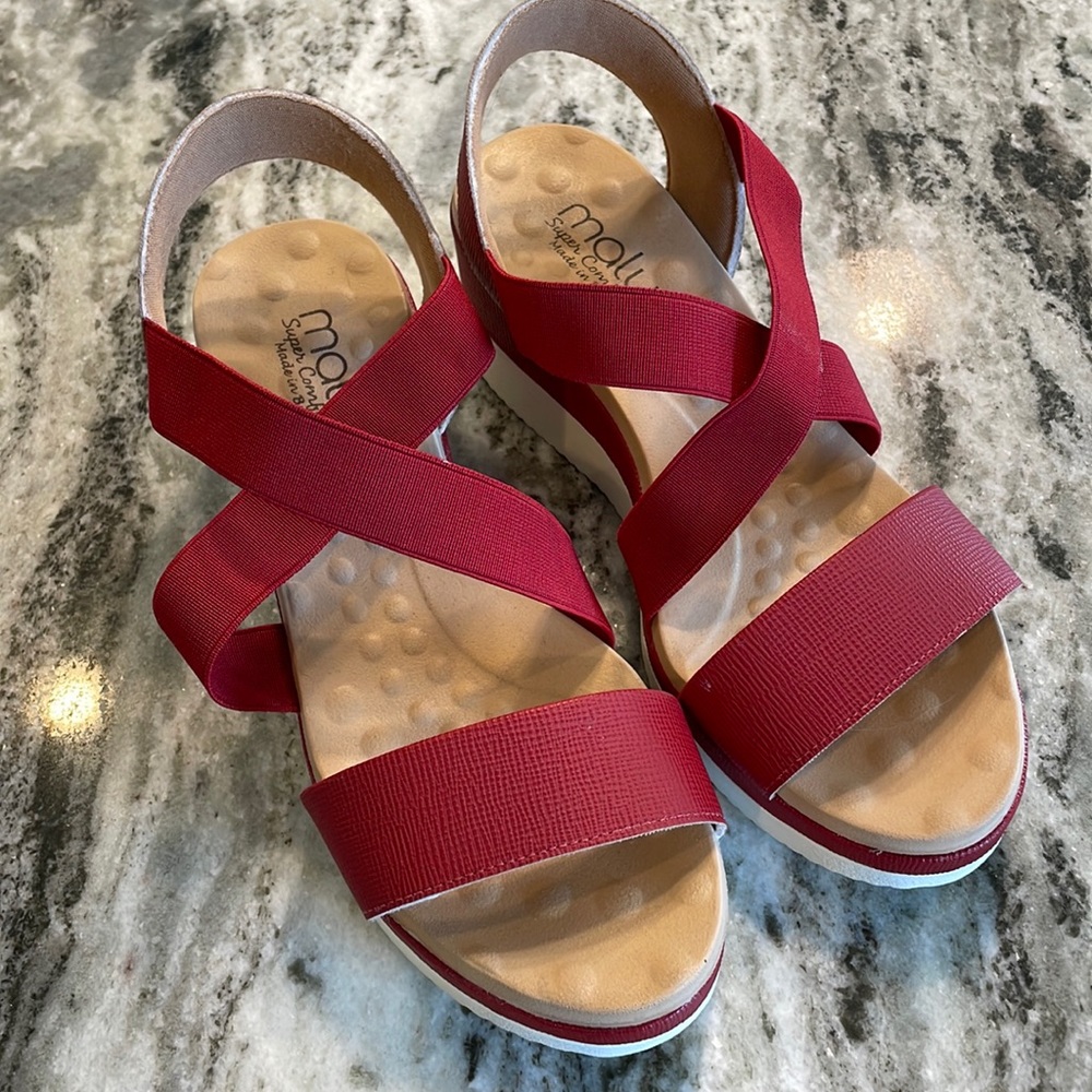 Malu Super Comfort Sandals, Made in Brazil, Cross Strap Wedge- Red, Size 10
